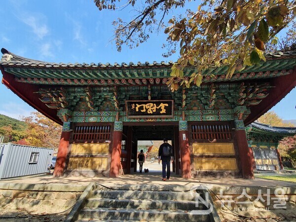 금산사 금강문. 금산사 일주문을 지나 100m 정도 오르면 작은 개울 건너 ‘금강문(金剛門)’이 자리 잡고 있다. 금산사 금강문(金剛門) 전각 안에는 밀적금강, 나라연금강의 두 금강역사와 사자를 탄 문수동자와 코끼리를 탄 보현동자상이 자리 잡고 있다. 