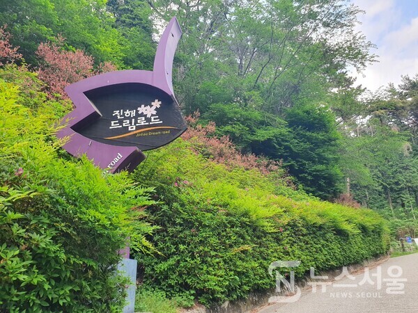 진해드림로드 입구 안내판. ‘장복 하늘마루길’에 있는 하늘마루 전망대에서 장복산 조각공원 쪽으로 내려가다 보면 ‘어울림전망대’와 삼밀사 입구를 지나 진해드림로드 입구에 도달할 수 있다. 