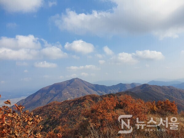 삼각봉 정상에서 바라본 철원읍 풍경. 고대산 정상부 3개 봉우리 중 가운데 있는 ‘삼각봉’에서는 북쪽으로 강원도 철원군 철원읍의 풍경이 한눈에 조망된다. 6·25전쟁 때 격전지였던 ‘백마고지’ 뿐만 아니라 멀리 북녘의 산들도 보인다. 